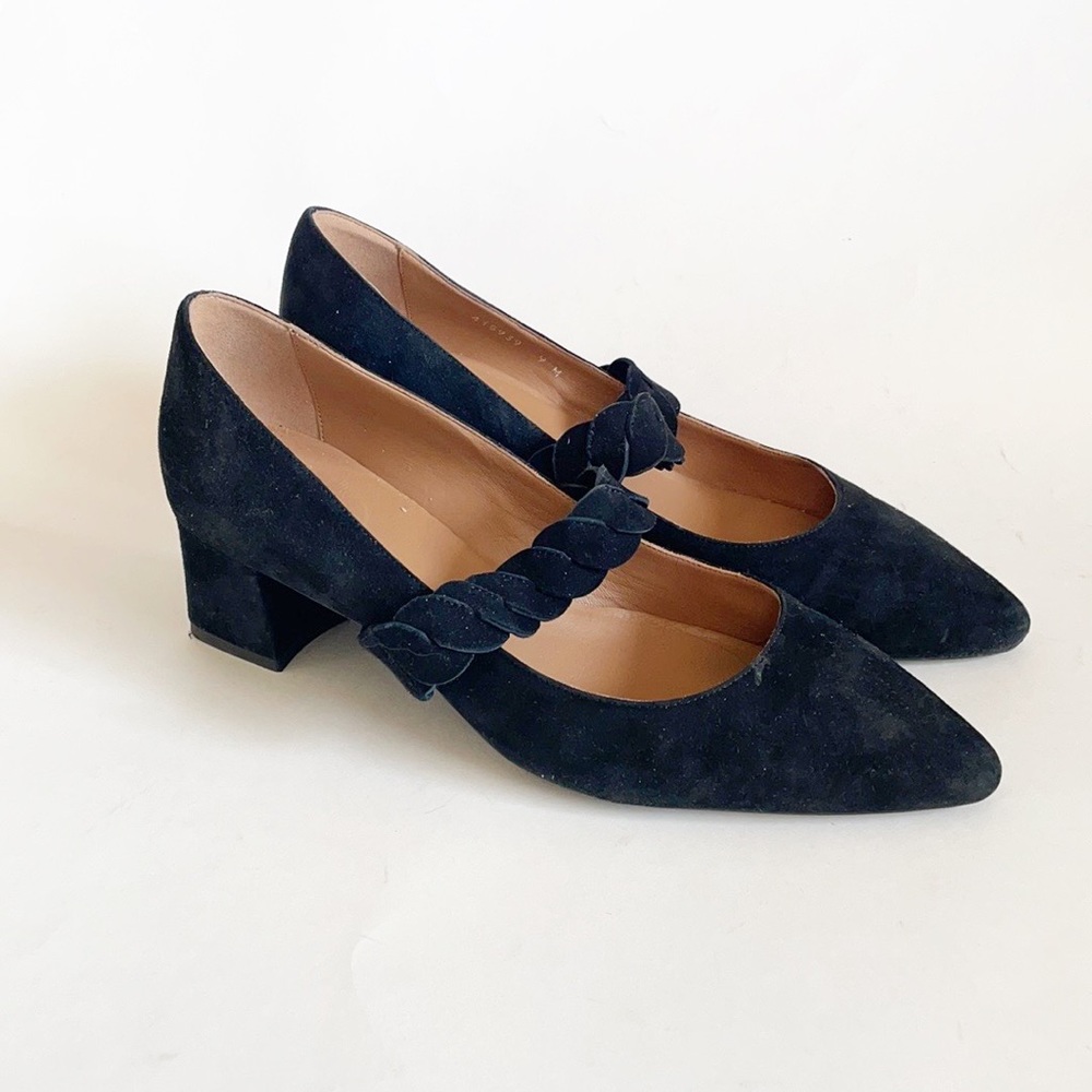 aquatalia black suede block heel pointy toe strap pumps shoes